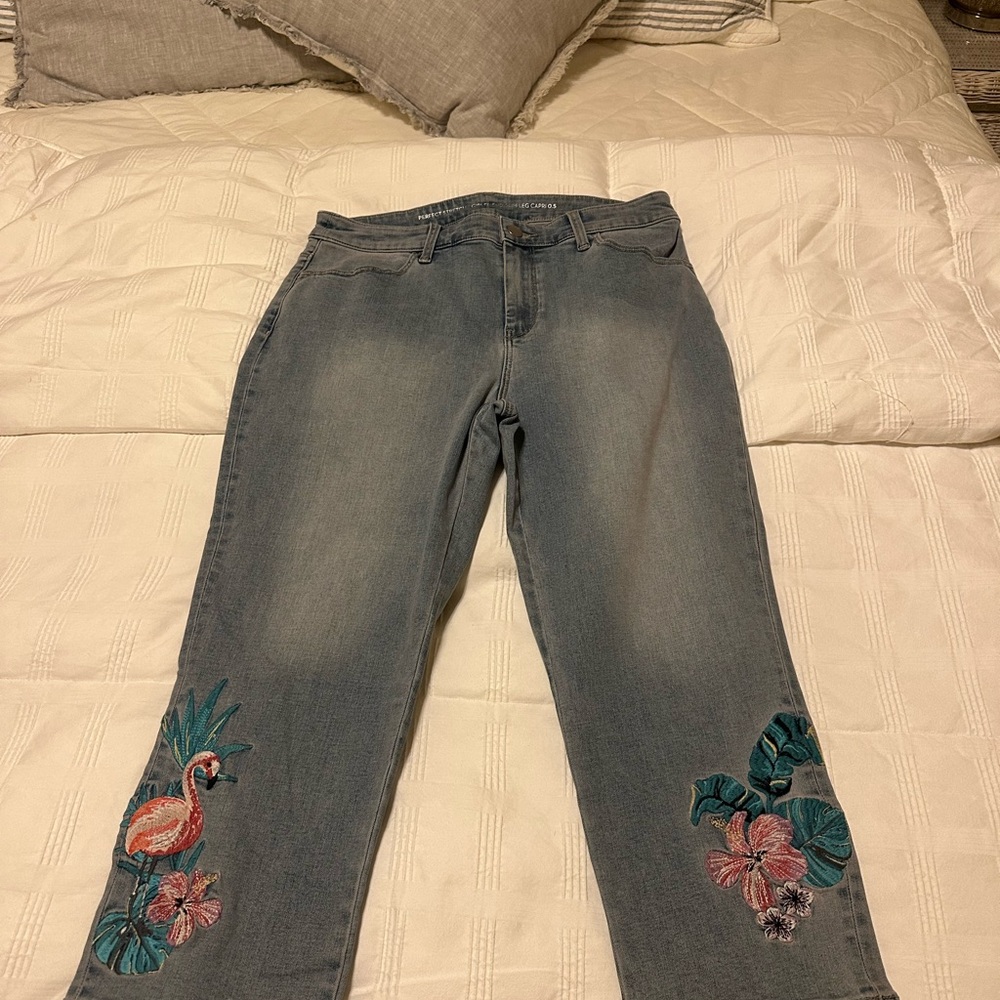 Chico's Gray Jeans with Colorful Embroidery with tags
